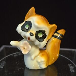 Vintage Japan Miniature Porcelain Raccoon Figurine Pink Flower Bone China 1.25"
